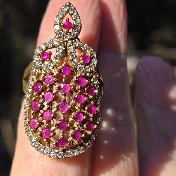 Kharma Collection by Avelon Jewelry - Ruby & Topaz Sterling & Gold Turkush Style Cocktail Ring Sz8.5